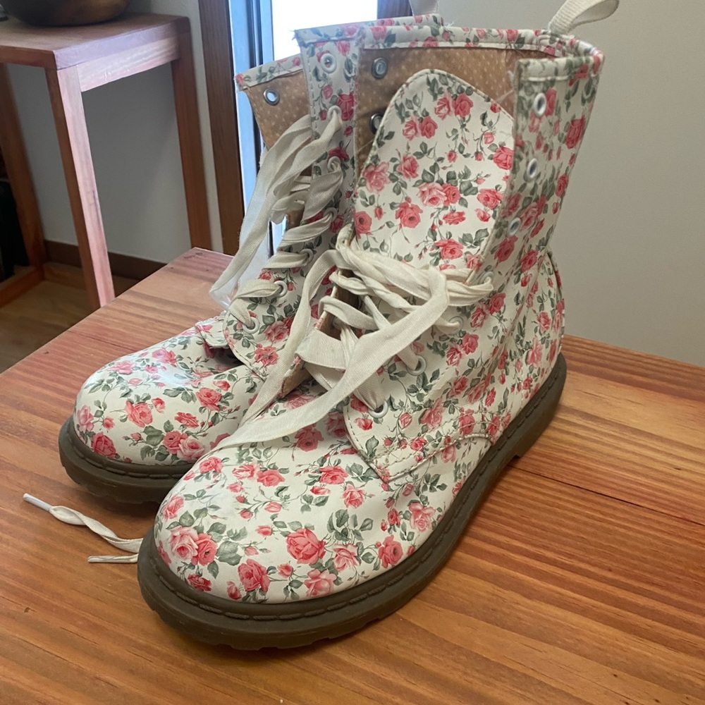 Arizona Jean Company-combat boots, white & pink floral boots.